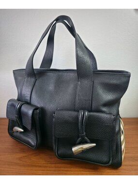 Burberry Black Pebble Leather Horn Toggle Tote Bag Nova Check Side Panels Italy